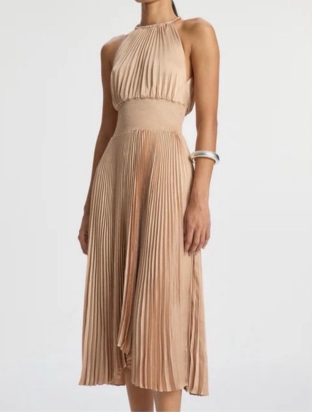 A.L.C. Pleated Halter Midi Dress in Champagne.